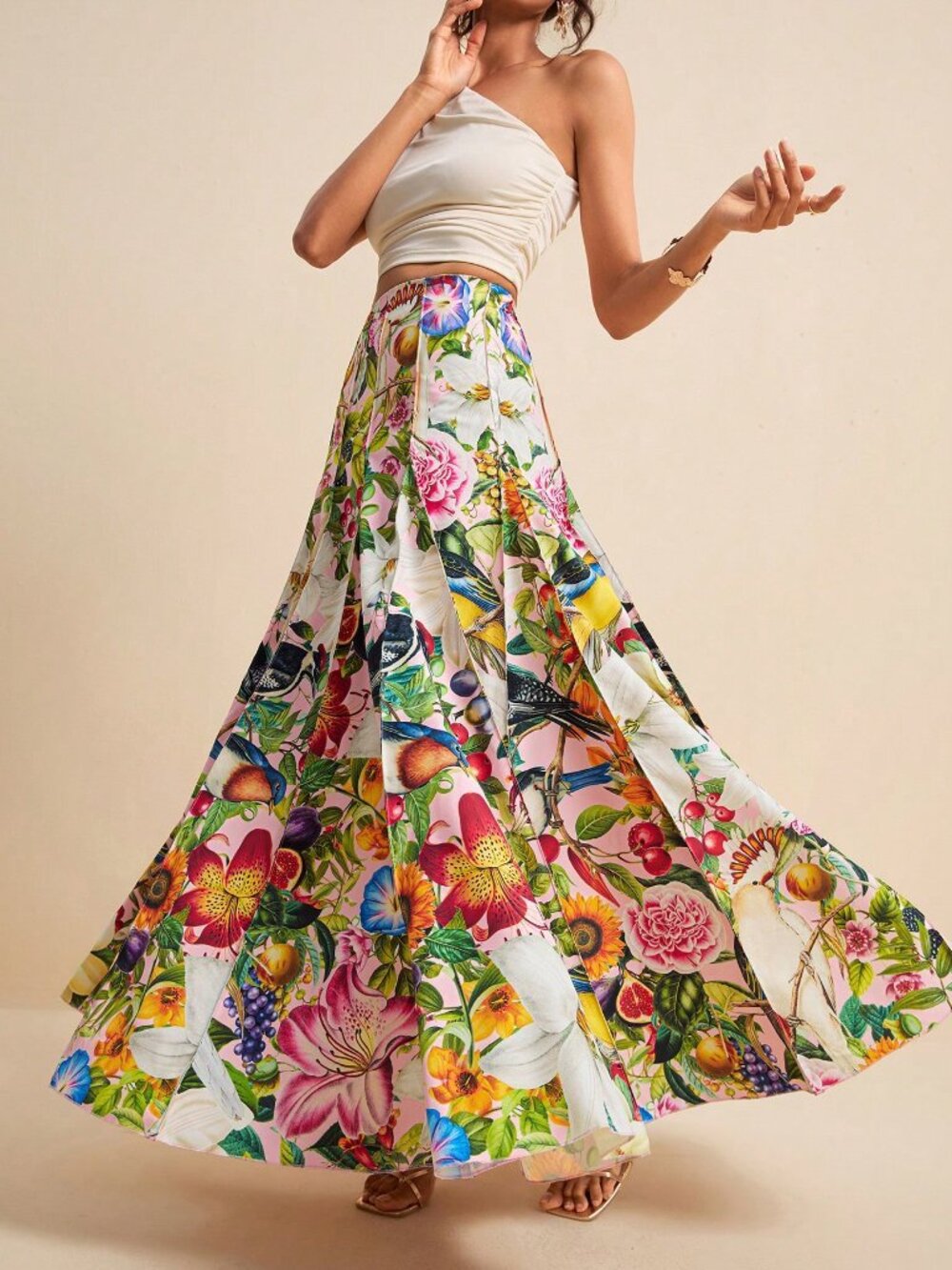 Multicolor Boho Women's Tropical Floral Allover Print Pleated Skirt - Picture 3 of 8